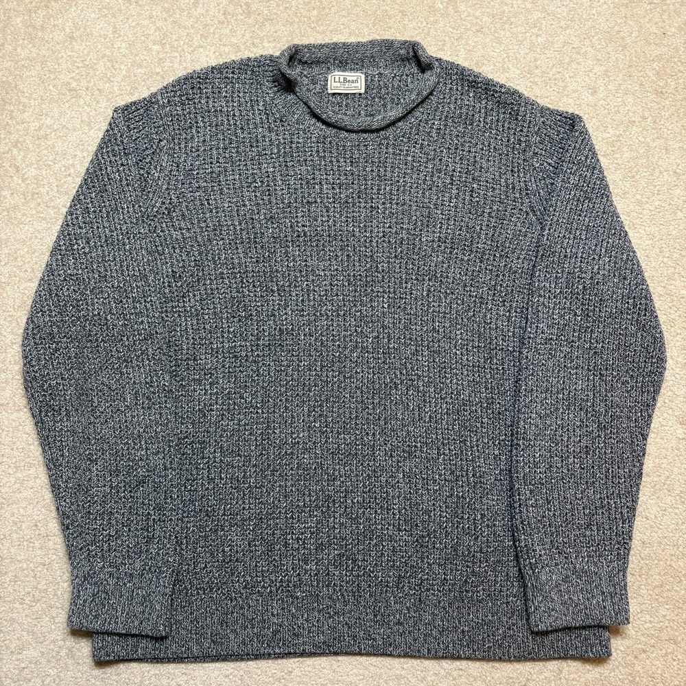 LL Bean Rollneck Crew Sweater Mens Large Gray Organic Cotton Waffle Knit Chunky